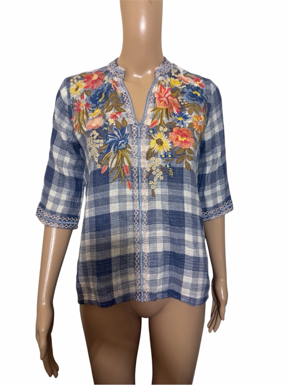 Johnny Was Blue Plaid Floral Embroidered Blouse Boho Tunic Top
